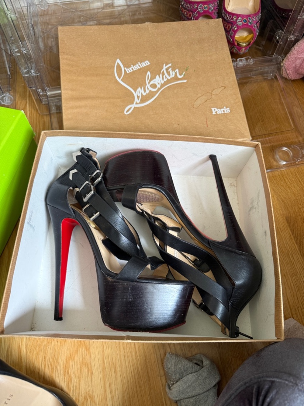 Christian Louboutin Black Leather Platform Strappy Stiletto Heels with Red Soles